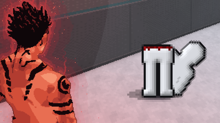 A pixel character standing next to a severed leg on the floor