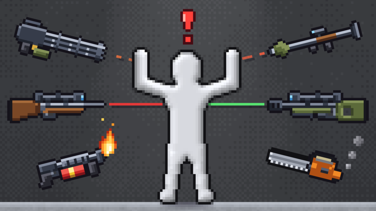 Six weapon types the official artwork shows aimed at one dummy