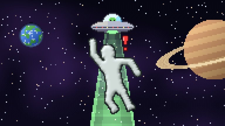 A ragdoll dummy on a green spire in space, with a UFO above and planets behind