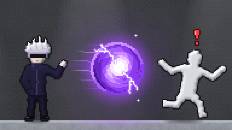 A pixel character firing a purple energy orb at a white ragdoll dummy